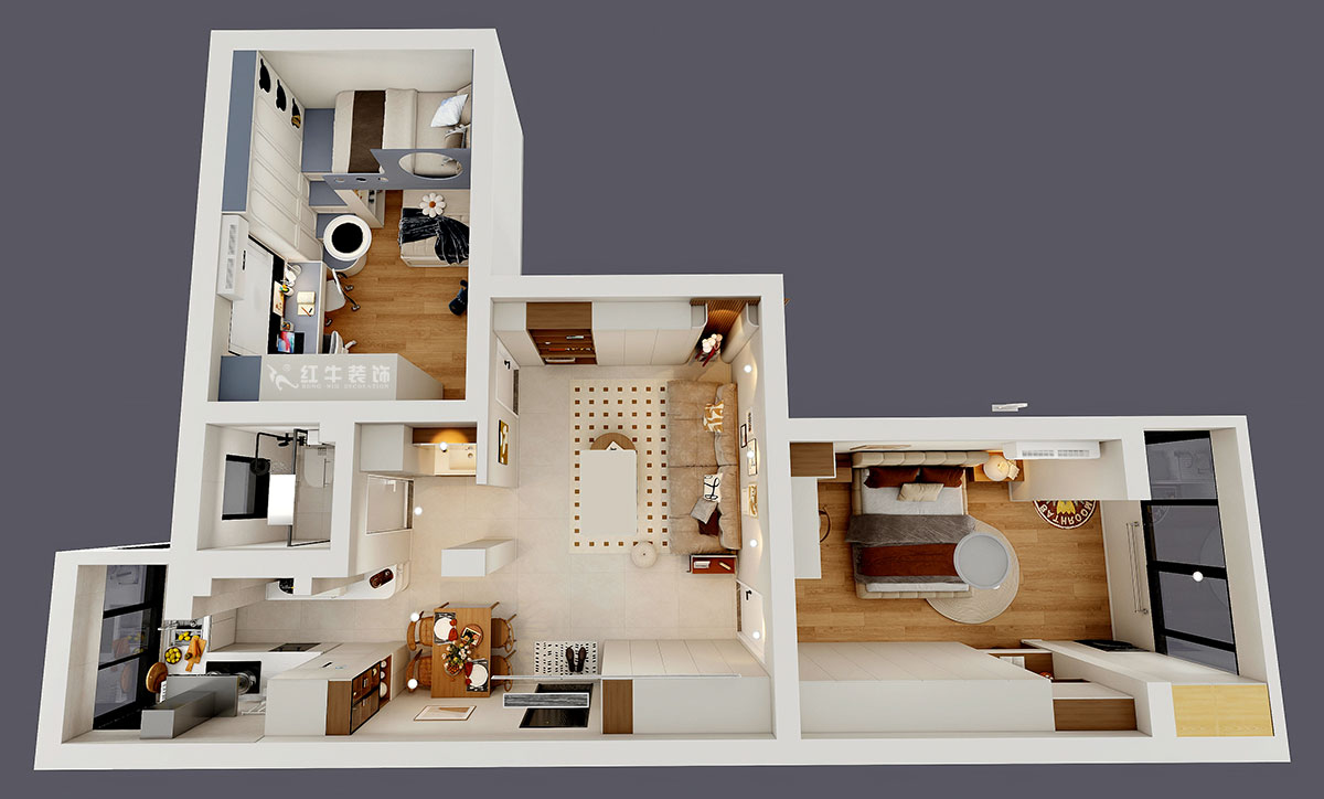 顾娟｜大树根32-703-70㎡-现代简约风格｜2室2厅1卫｜旧房装修｜定制家｜全包11万｜00_05鸟瞰图